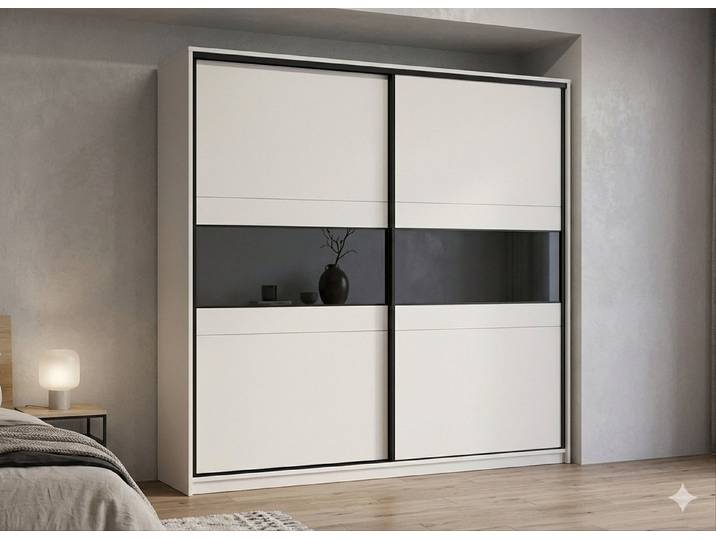 COMBO Schiebetürenschrank 226x220cm Schwarzes Glas Kaschmir Schlafzimmer modern exklusiv (2 Schiebetüren schwarzes Glas Kleiderstangen Regalböden) Kaschmir Schwarz elegant zeitlos dark luxury stilvoll
