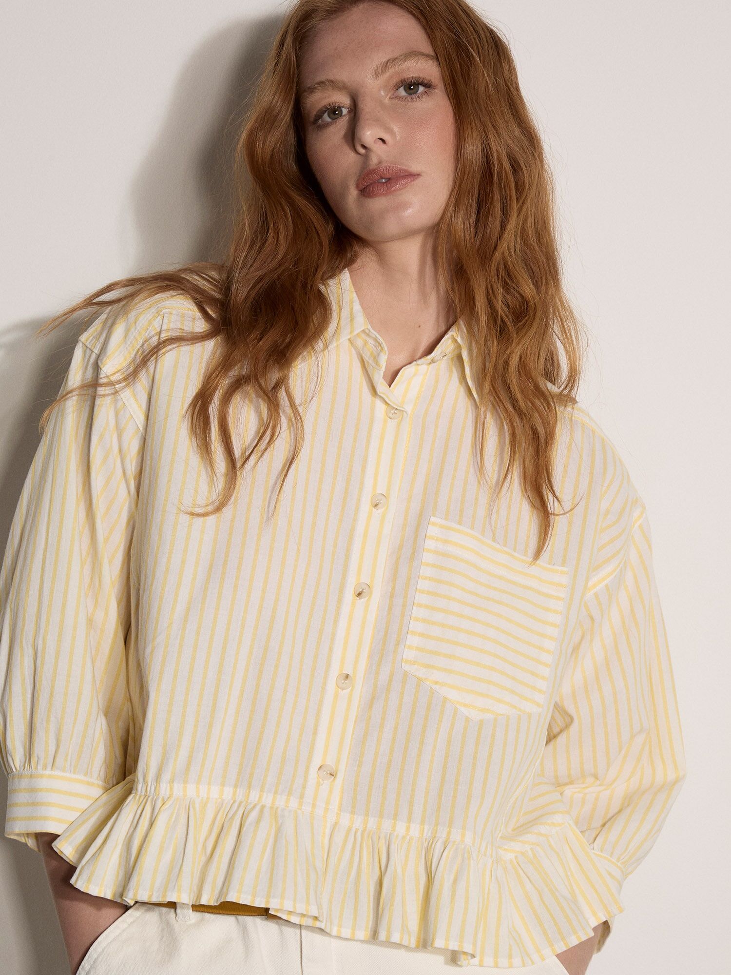 Rüschenbluse APRICOT "Bluse", Damen, Gr. XS (34), gelb, gewebt, Obermaterial: 100% Baumwolle CO., gestreift, Umschlagmanschetten, Blusen, mit gestreiftem Rüschen-Saum