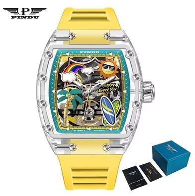 Inspired Finds PINDU Unique Dial Mechanical Watch For Men Waterproof Summer Sport Watch With Silicone Strap yellow