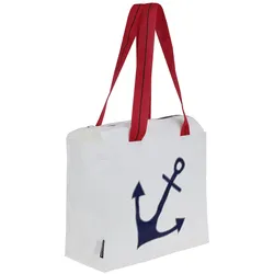 CANVASCO Strandtasche mit Reißverschluss aus recyceltem Segeltuch in weiß/dunkelblau - Badetasche wasserabweisend und robust - Tragetasche