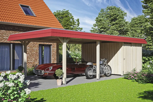 Einzelcarport SKAN HOLZ Wendland rote Blende inkl. Pfostenanker, EPDM Folie, Abstellraum 409 x 870 cm natur