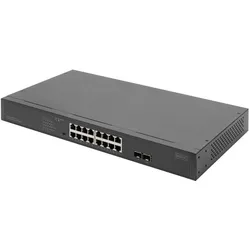 Digitus 16-Port Gigabit Netzwerkswitch, 19 Zoll, unmanaged,2 Uplink Ports, SFP (16 Ports), Netzwerk Switch, Schwarz, Grau