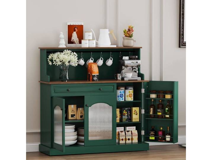 HOLTICO Buffet de Cuisine avec Plan de Travail Meuble Micro-Ondes et Bar à Café Vert 120 x 120 x 40 cm