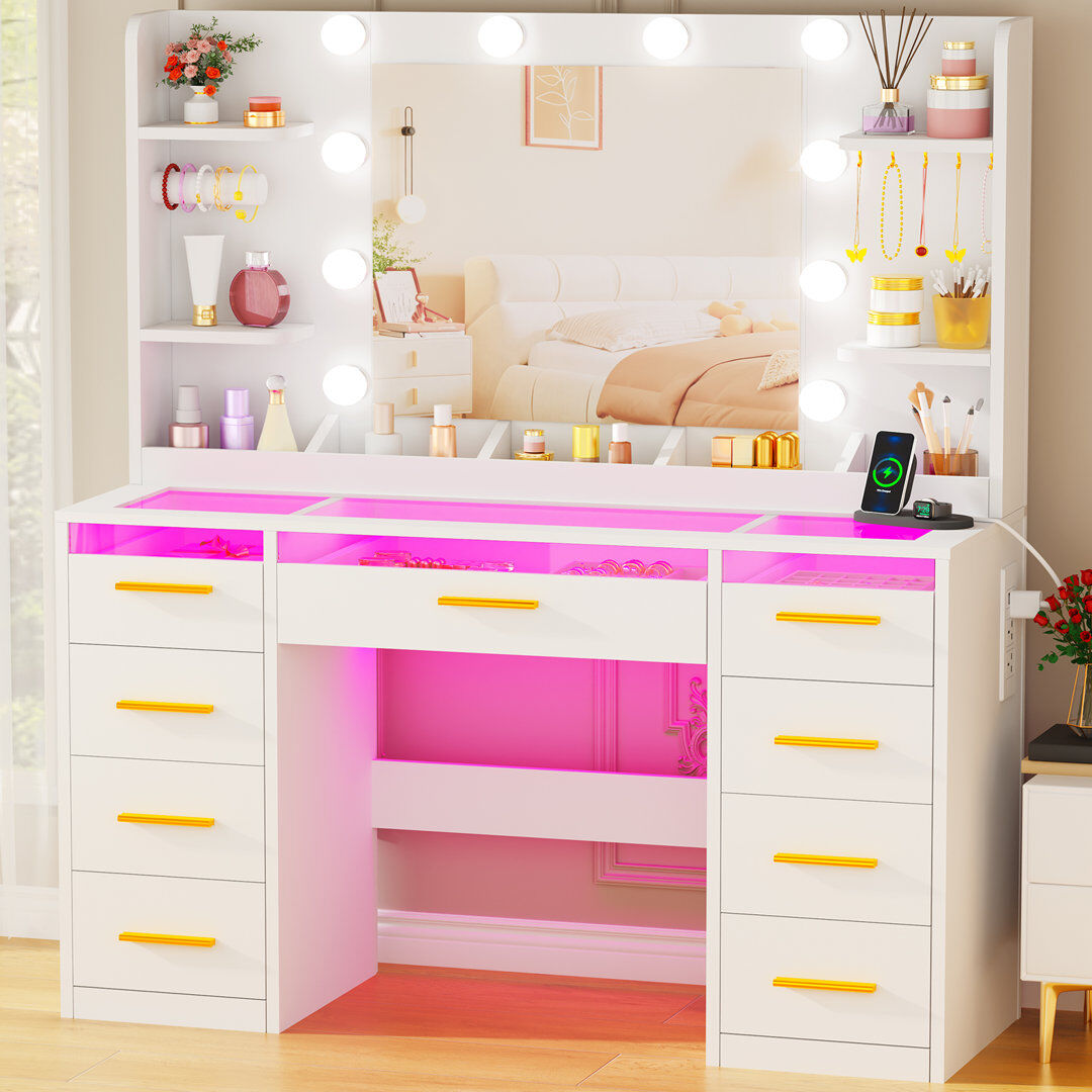 Canora Grey Elowen Dressing Table With Led Mirror, 9 Drawers, 2 Usb Ports And Sockets 105×40×140cm White 140cm H X 105cm W X 40cm D