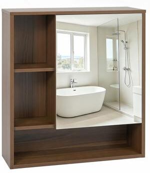 Costway Wall-Mounted Mirror Cabinet with 2 Hidden Shelves and 3 Open Compartments-Walnut