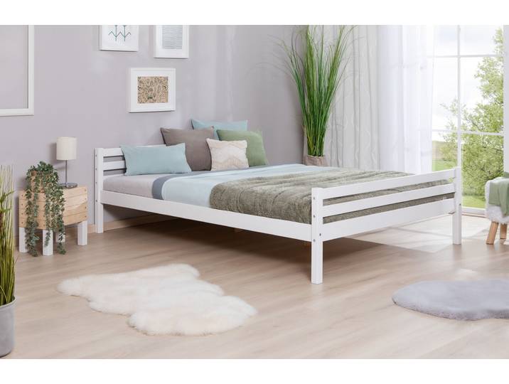 Jugendbett TICAA, weiss (kiefer massiv weiß gewachst), B:146cm L:209cm, Betten, Jugendbett, Futonbett in diversen Breiten, Kiefer, mit Rollrost