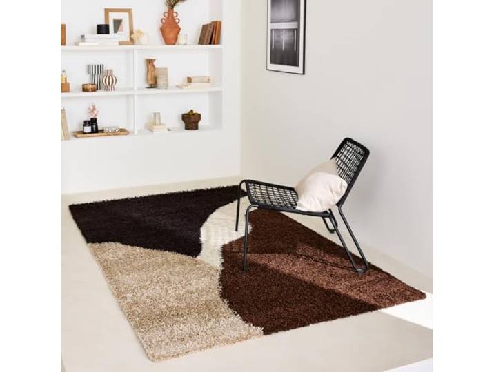 Nazar Tapis Moderne Shaggy\, Creme\, Marron\, Poils Long\, Motif geometrique\, Tapis Salon\, Tapis Arc (1060 Marron\, 120x160 cm)