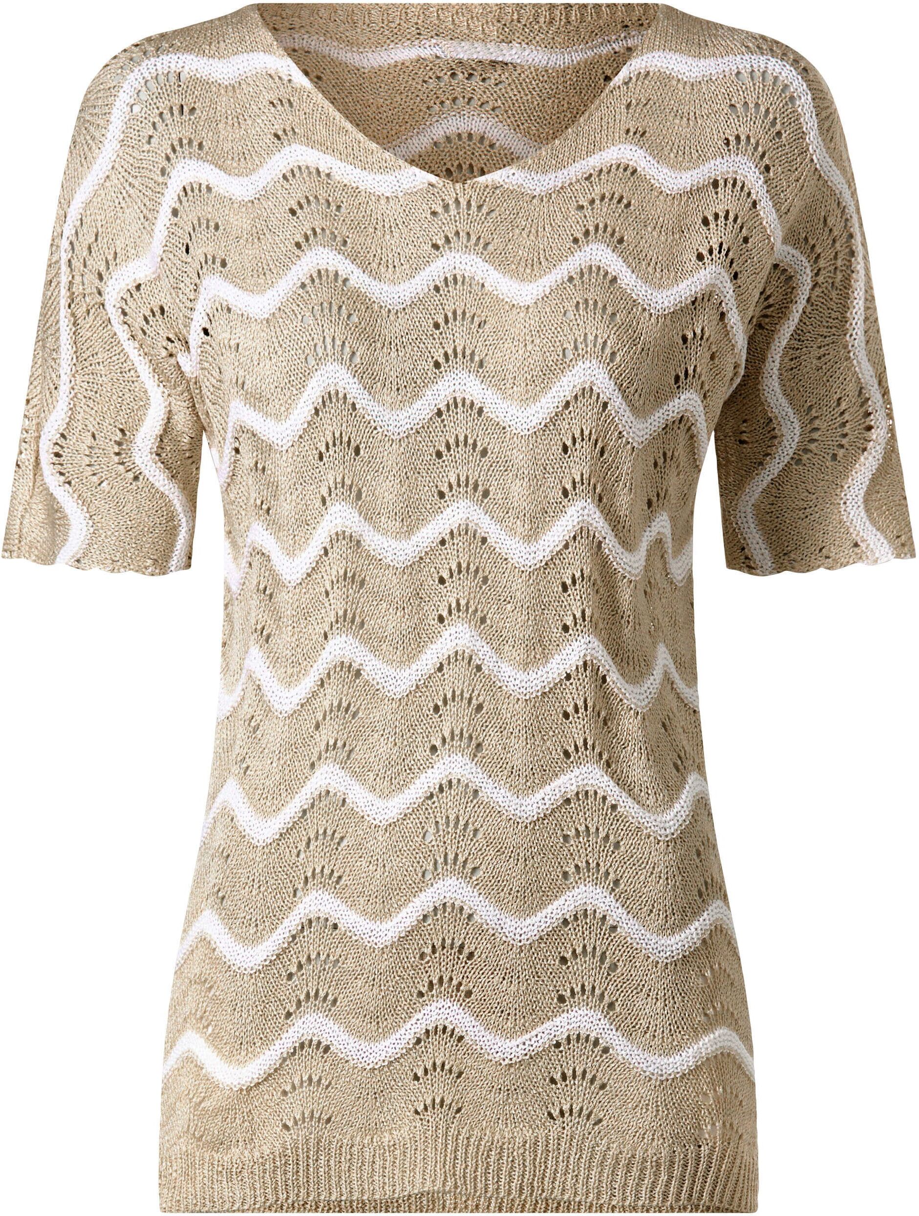 Strickpullover HEINE "Pullover Ajourpullover mit Wellen-Dessin", Damen, Gr. 36, beige (sand), Strick, , Modisch, V-Ausschnitt, Pullover Strickpullover