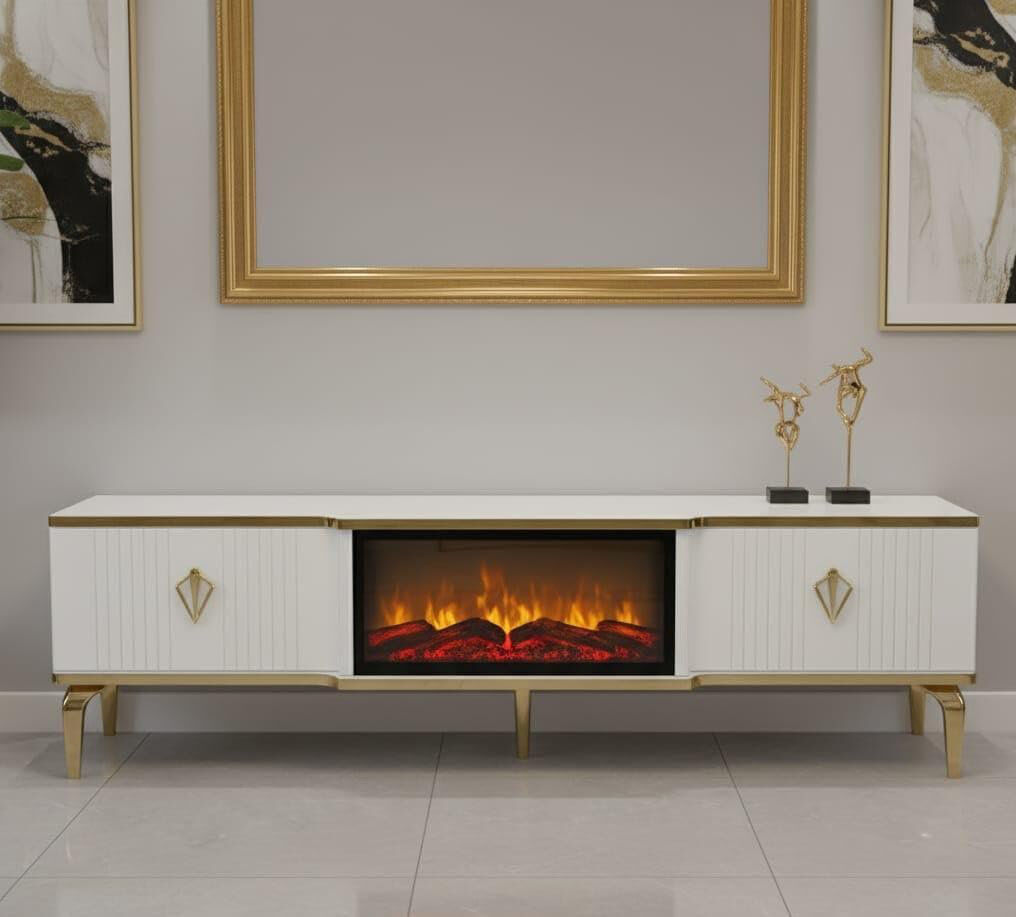 Canora Grey Realistic Flame Effect TV Unit   Realistic Fire Effect TV Cabinet   Fire Insert TV Stand 160x40x50cm   Remote controlled fireplace effect TV unit White 88"