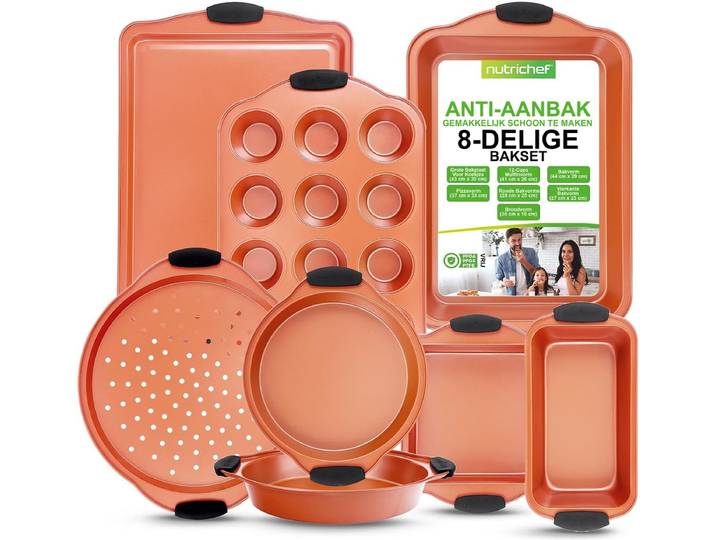 NutriChef\, Bakvormen set\, 8-delige Bakvormen set - Antiaanbak Koolstofstaal Bakset met Hittebestendige Siliconen Handgrepen - Inclusief Broodpan\, Muffinpan\, Bakplaten\, Pizzapan\, Braadsledes