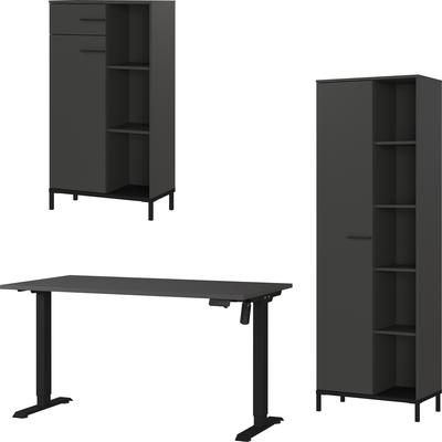Büromöbel-Set GERMANIA "GW-Rovigo", grau (graphit, schwarz), B:298cm H:190cm T:80cm, Holzwerkstoff, Metall, Arbeitsmöbel-Sets, Büromöbel-Set, Schreibtisch elektrisch höhenverstellbar
