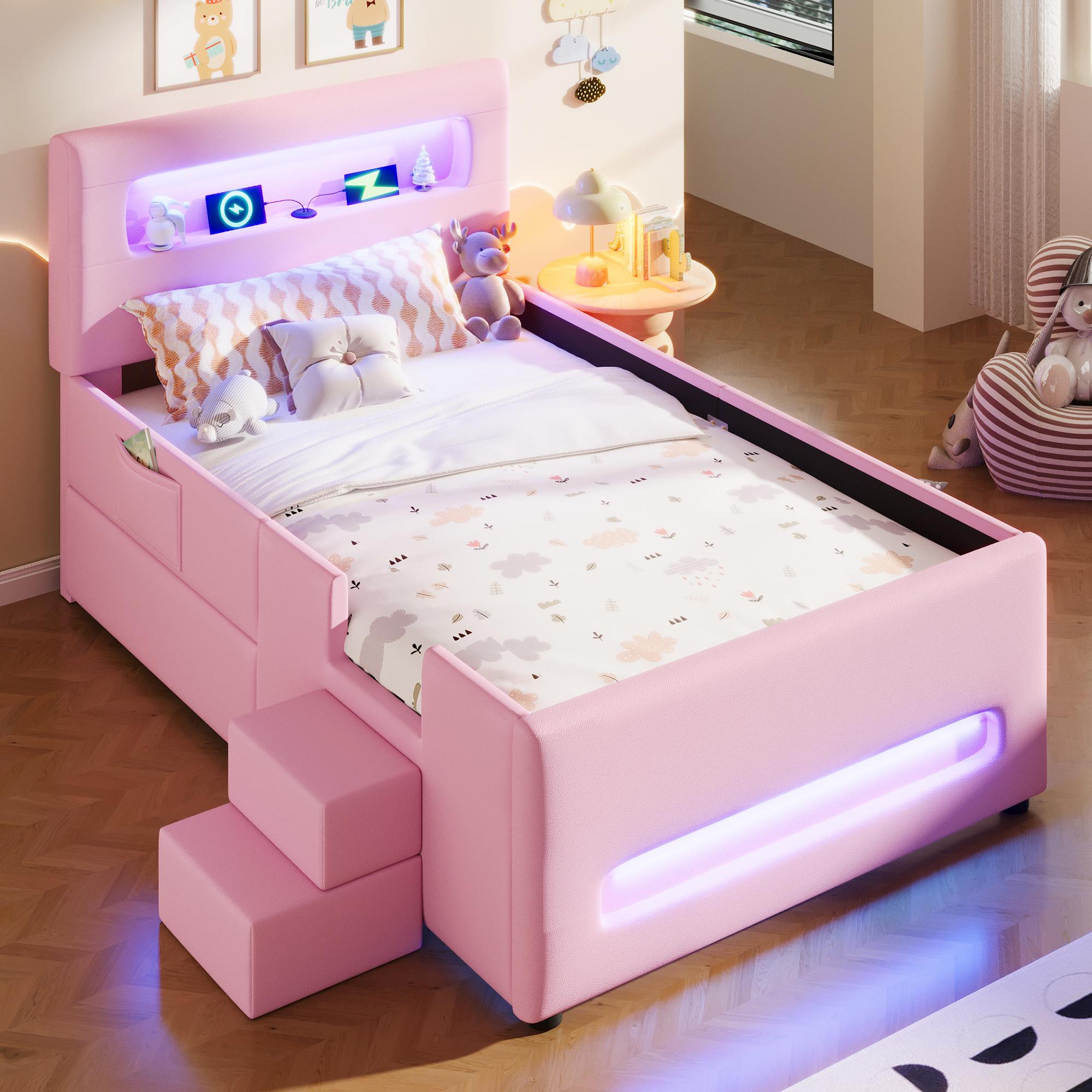 MODFU Kinderbett mit Matratze 90x200 Einzelbett mit Treppe und Schubladen,Bettrahmen mit LED-Lichtleisten und Aufbewahrungstaschen, Rosa