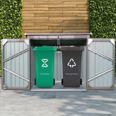 Stainless Galvanized Steel Outdoor Garbage Bin Shed for Storing 2 Trash Cans in Garden, Yard, or Lawn