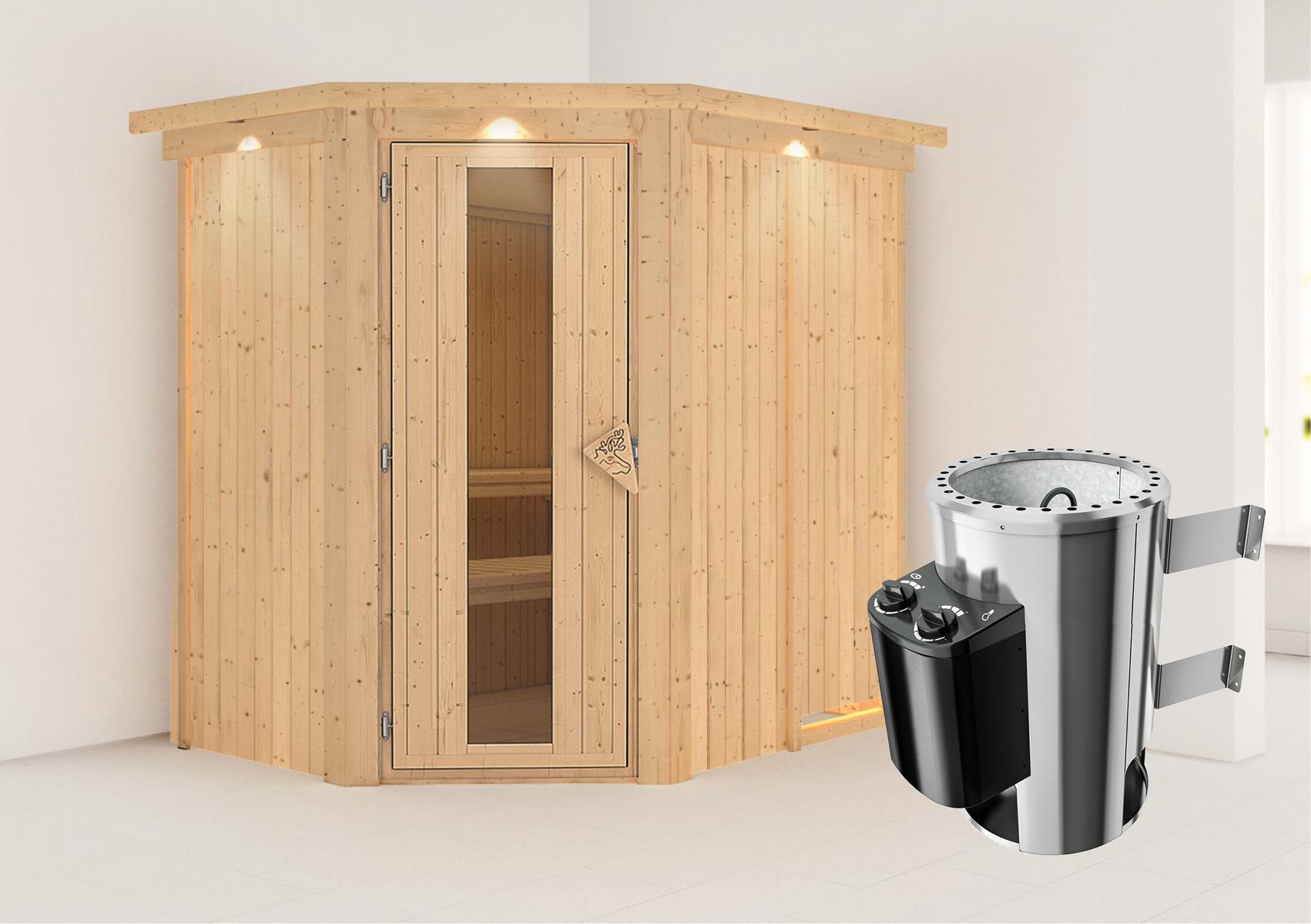KARIBUHOLZT Sauna Saja Eck 3,6kW int.Strg m.Isoliertür u.Dachkranz 16880023