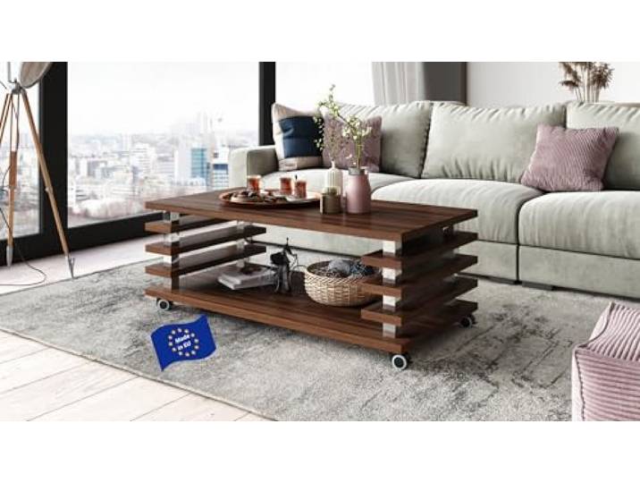 designimpex Carl Svensson Couchtisch DC-3 Nussbaum 120x60cm mit Ablage modern stabil vielseitig Wohnzimmertisch Beistelltisch Sofatisch Zeitloses platzsparend robust Wohnzimmer mit Rollen