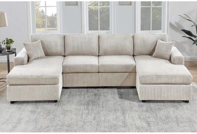 Esofastore 3pc Sectional Sofa Plastic Legs Throw Pillow Ivory Finish