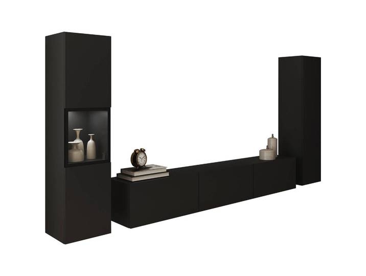 P & B Wohnwand, Schwarz, Holzwerkstoff, 3-teilig, 8 Fächer, 240x130x31 cm, Fsc, stehend, hängend, Beleuchtung, spiegelbildliche Montage möglich, Wohnzimmer, Wohnwand, Komplette Wohnwand