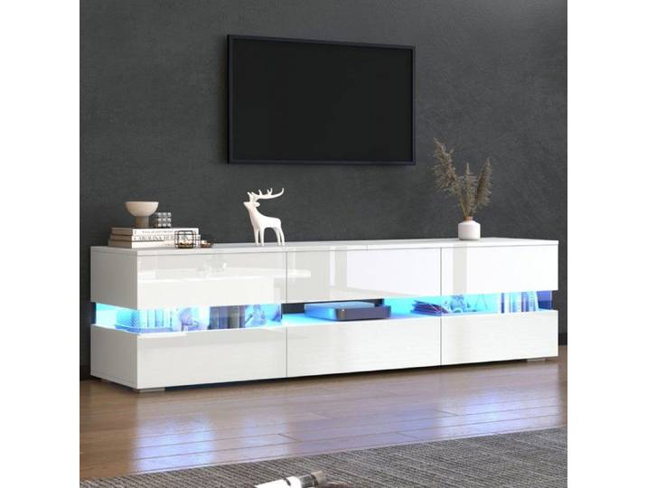 Meuble TV - LANGTU - DESIGN MODERNE - Blanc brillant - 160 cm - Éclairage LED