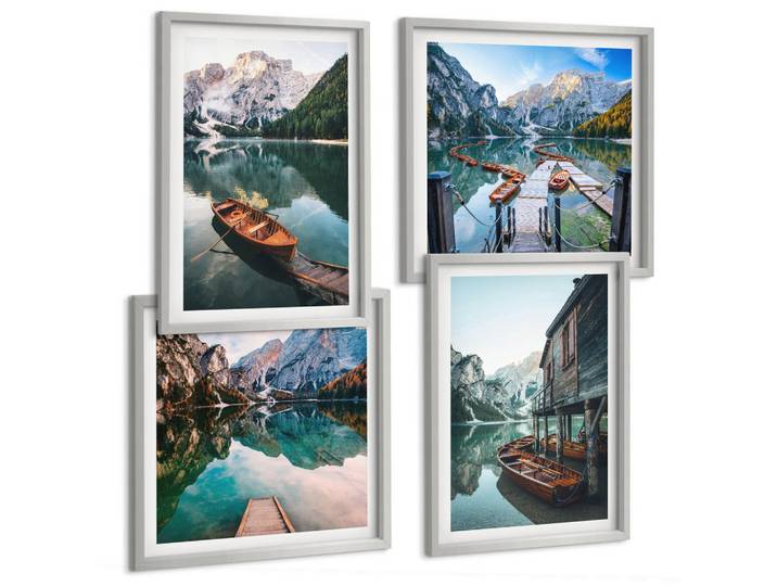 Tulup Bilder SET 4er Set - 50x50 cm & 40x60 cm Silberner Rahmen - See, Berge, Boote, Ferienhaus, Silberfarben, Kunststoff, Rechteckig, 50x50 cm, Fotografie, Bilder & Rahmen, Bilder