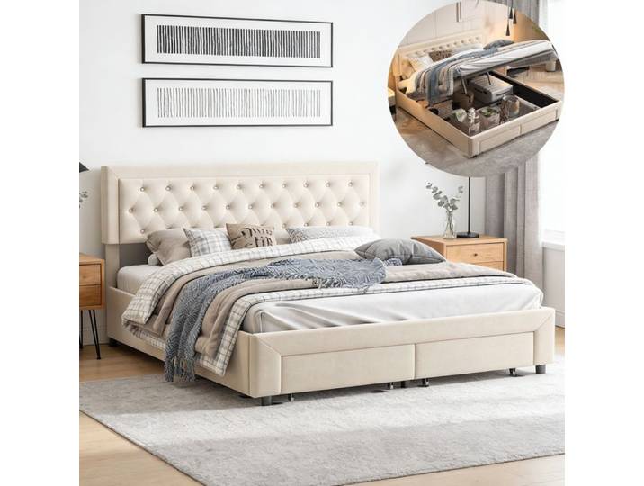 Lit 180x200 avec sommier à lattes - COZY - tissu velours beige - cadre de lit 180x200 avec 2 tiroirs - lit adulte 180x200cm