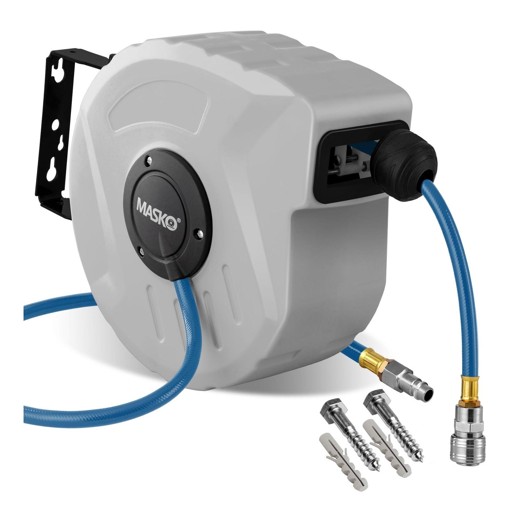 MASKO® Automatik Druckluftschlauch Aufroller – Schlauchtrommel mit 1/4" Anschluss, Schlauchaufroller, Wandhalterung, Tragegriff, 180° schwenkbar, Schlauchbremse, vormontiert & sofort einsatzbereit