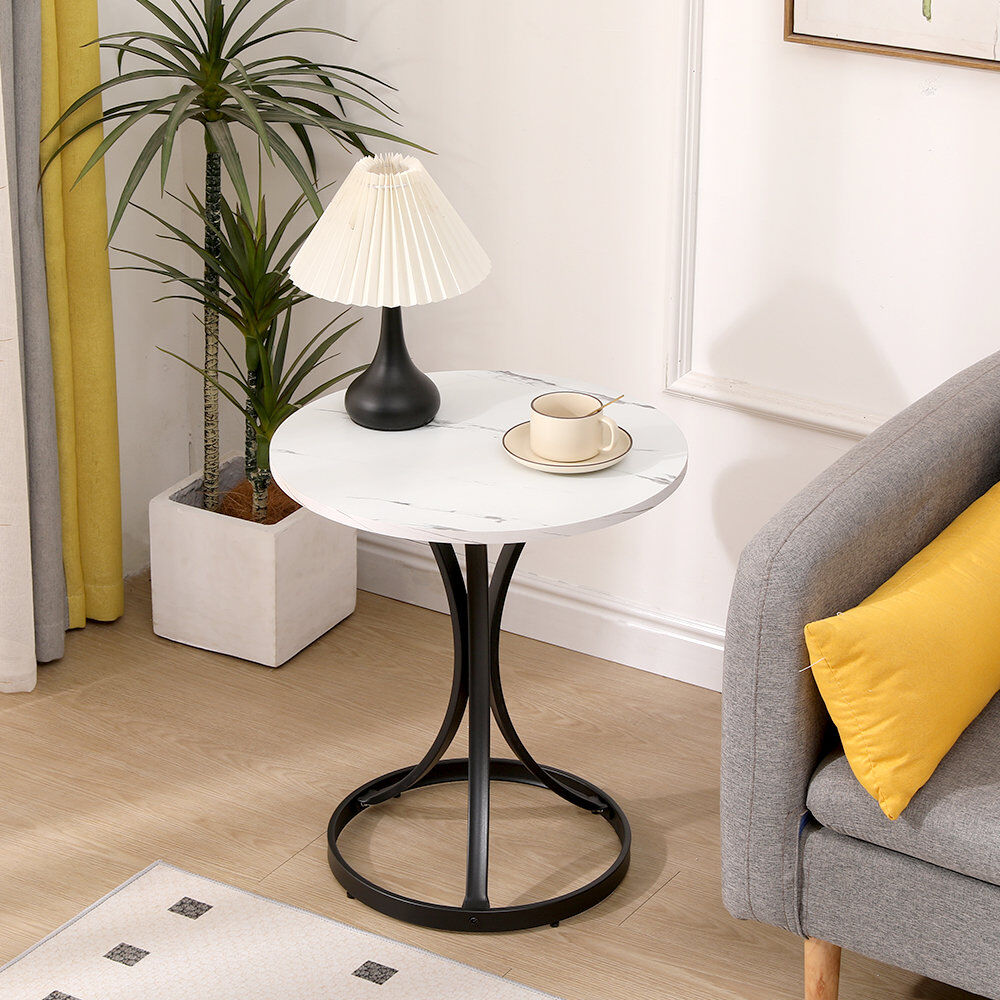 17 Stories Rounded Round Side Table White Marble 56cm H X 50cm W X 50cm D
