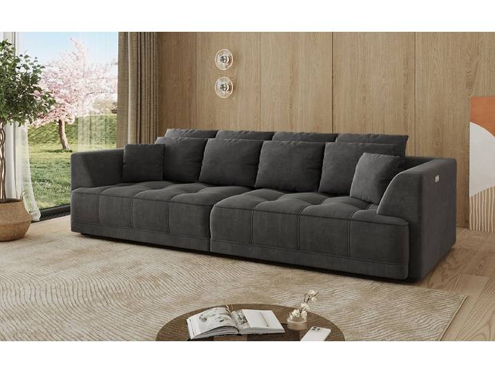 Designer Big Sofa Nuvo in Samt mit elektrischer Schlaffunktion - Blau - Samt - Luxusbetten24