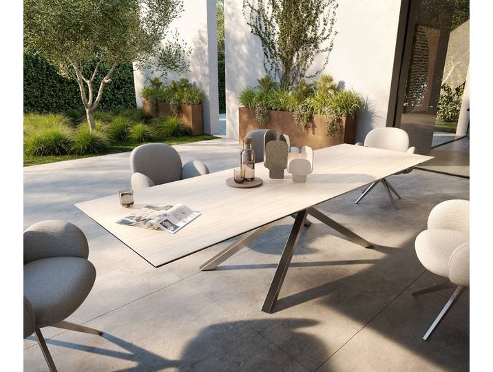 Outdoortisch Edge 300x100 cm Keramik Laminam® Travertino Bianco Creme-Weiß Kreuzgestell Rechteck Edelstahl, Outdoortische