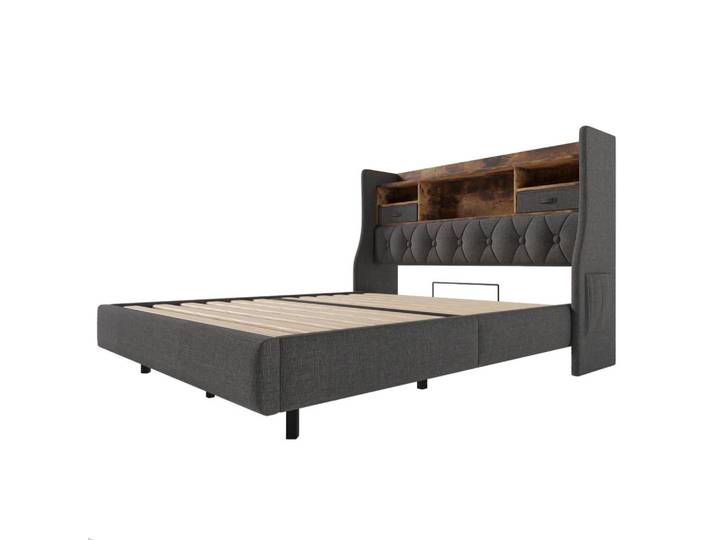 Oxeza Polsterbett 140/200 cm Grau mit LED-Beleuchtung, Kopfteil mit Stauraum, Typ-C-Anschluss und USB-Anschluss, Mode, Rechteckig, 140x200 cm, Schlafzimmer, Betten, Polsterbetten