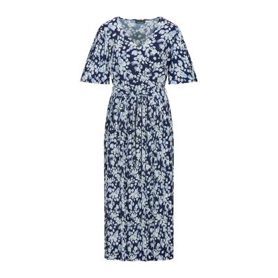 Sommerkleid GOLDNER "Wickelkleid mit floralem Design", Damen, Gr. 46, N-Gr, blau (marine, weiß, geblümt), Obermaterial: 92% Polyester PES. 8% Elasthan EL., tailliert, V-Ausschnitt, Kleider Sommerkleid, Mit plissiertem Rockteil