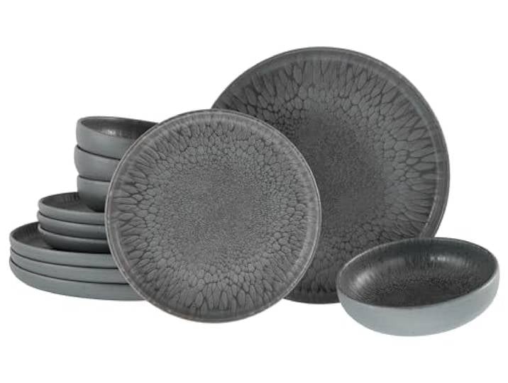 CreaTable\, 21621\, Serie Uno Volcano Dark\, 12-teiliges Geschirrset\, Teller Set aus Steinzeug\, Anthrazit