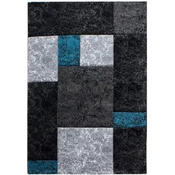 Carpetsale24 Teppich 120x170 cm – Kurzflor Konturenschnitt in Schwarz Grau Blau – Kariertes Design, für Wohnzimmer, Schlafzimmer, Esszimmer