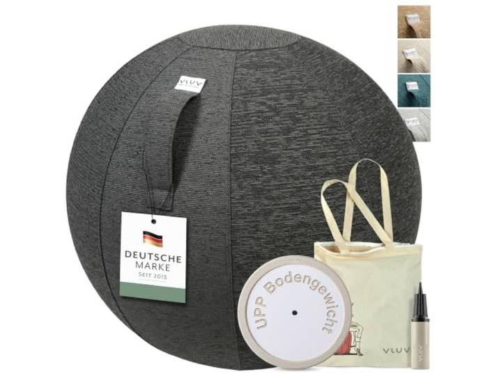 VLUV® Sitzball Set BOL STOV & UPP Bodengewicht - Stoffball Büro ergonomisch Sitzball mit Bezug 70-75 cm, inkl. UPP Bodengewicht, Gymnastikball, waschbar, Schwangerschaftsball, Home Office - Anthracite