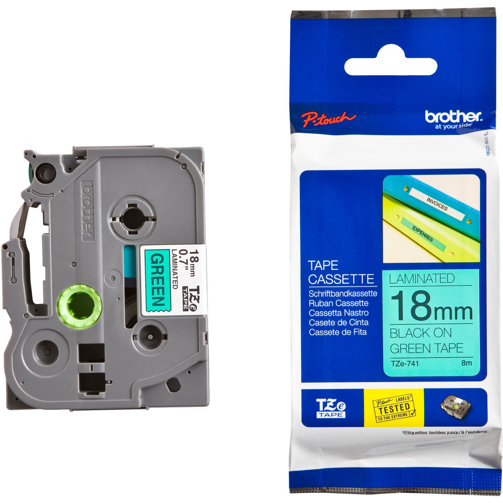 Brother TZe-741 Labelbandcassette met een bandbreedte van 18 mm