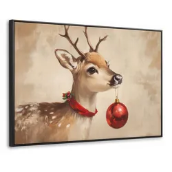 LEINWAND Bilder mit Rahmen - Weihnachten - Hirsch - Geweih - Weihnachtskugel - Rentier - 140x90