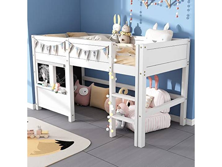 SOFTWEARY Hochbett, Kinderbett mit Lattenrost und Leiter, 90x200 cm, Holzbett aus Kieferholz, Einzelbett mit Rausfallschutz, Jugendbett