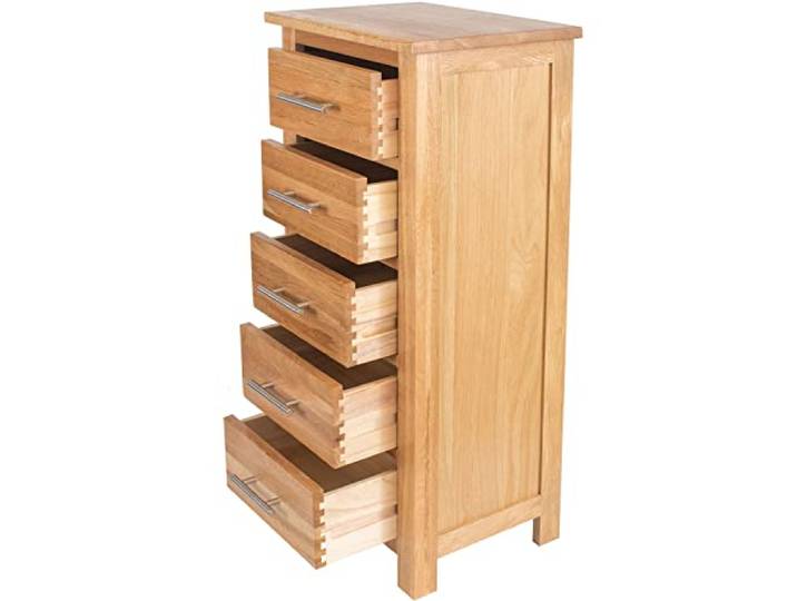 Oak Schrank mit 5 Schubladen, schmal, Aufbewahrung, Kommode, Organizer Einheit mit Massivholzbeinen für Flur, Wohnzimmer, Schlafzimmer, Natur