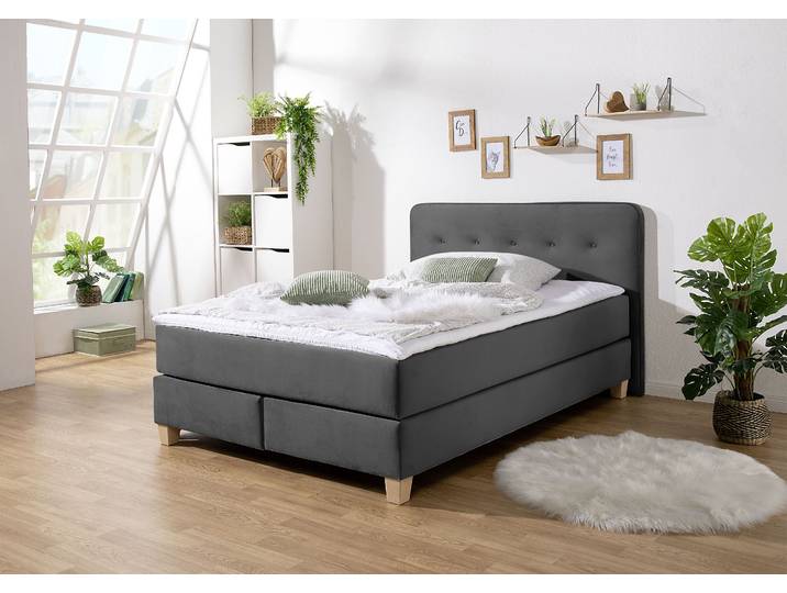 Boxspringbett, Anthrazit, 153x207 cm, Strukturstoff & Samt, Inkl. Topper, Modern, Home-affaire