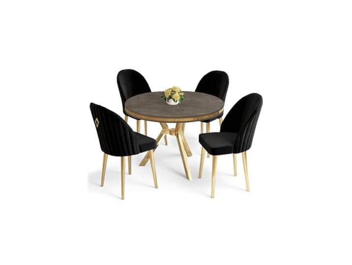 Hanah Home Modern 5-Piece Dining Table & Chairs Set, Anthracite & Gold 100% Lacquer Panel, Metal Legs, Babyface Fabric Elegant Design for Stylish Dining