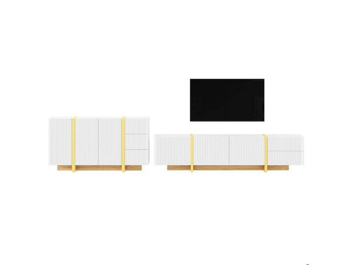 Ensemble meuble TV et buffet – Façades rainurées – Design sans poignées – Blanc