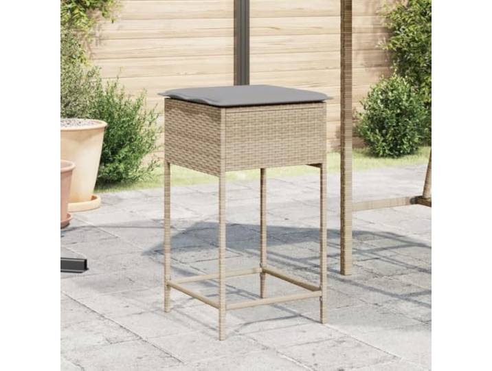 ZQQLVOO Garten Barhocker mit Kissen 2 STK. Beige Poly Rattan Abnehmbarer Bezug, waschbar, pulverbeschichteter Stahlrahmen, pflegeleichtes PE-Rattan, dick gepolstert
