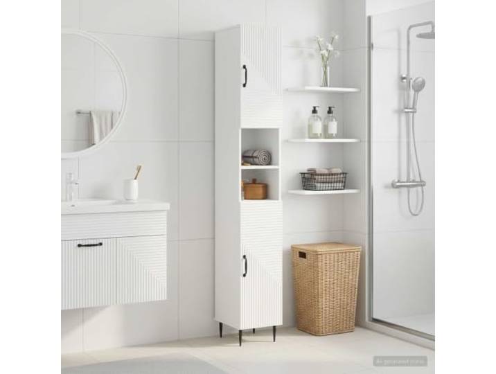 KTHLBRH Badezimmerschrank mit offenem Regal HAARLEM Hochglanz Weiß Offene Ablage, Holzwerkstoff, feuchtigkeitsbeständig, umkehrbare Tür, modernes Design, pflegeleicht