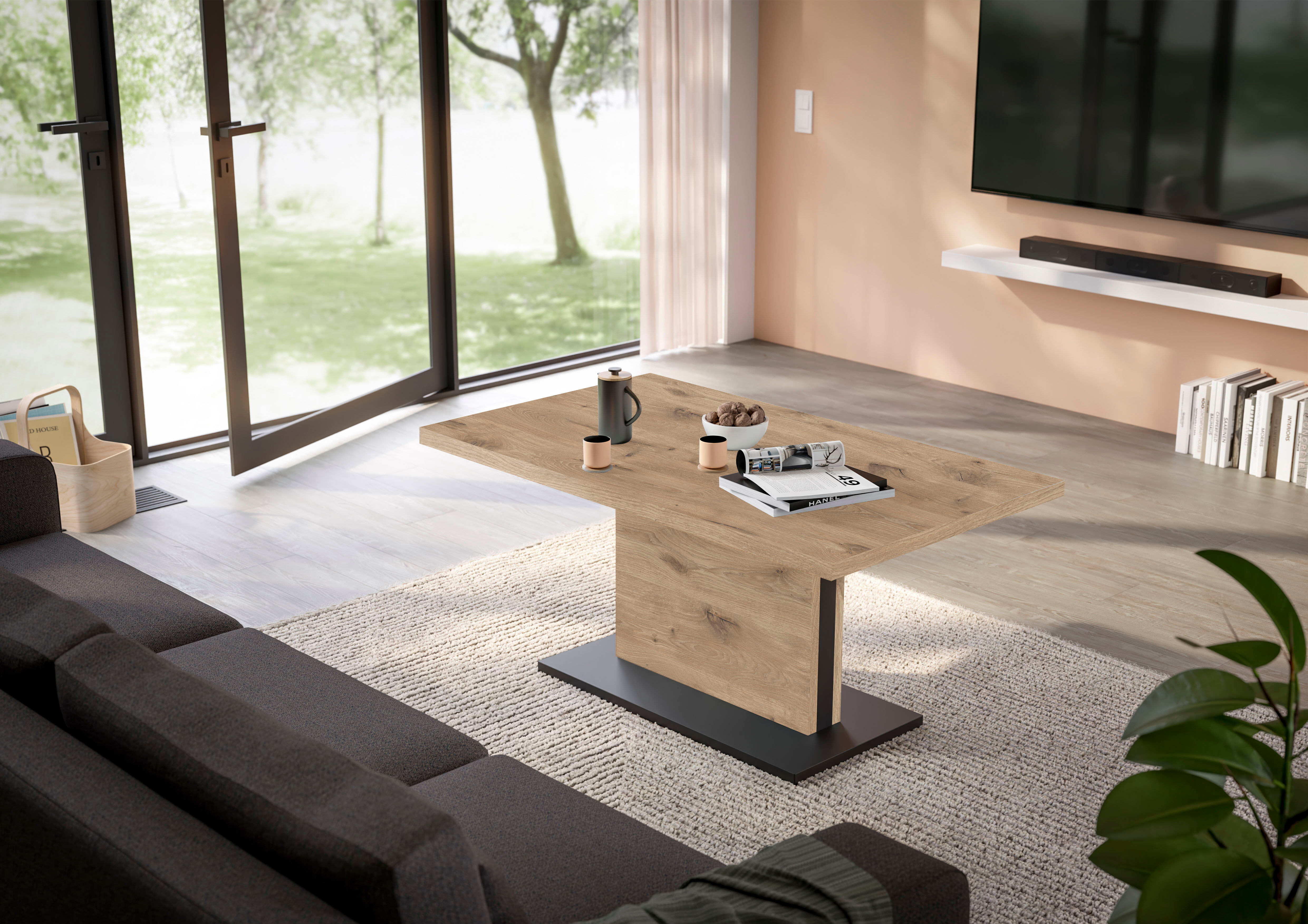 Couchtisch MÄUSBACHER "Lift Couchtisch", schwarz (vulkanschwarz supermatt, viking oak, viking oak), B/H/T: 120cm x 68cm x 70cm, Tische, Couchtisch, höhenverstellbar von 49-68 cm, Breite 120 cm, Metallgestell vulkanschwarz supermatt, viking oak, viking oak