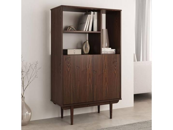 IDIMEX Highboard Simona mit offenem Regal aus Massivholz Nussbaum Farben – Wohnzimmer Kommode mit 3 offenen Fächern und 2 Türen – Bücherregal mit Türen – Retro Holzschrank