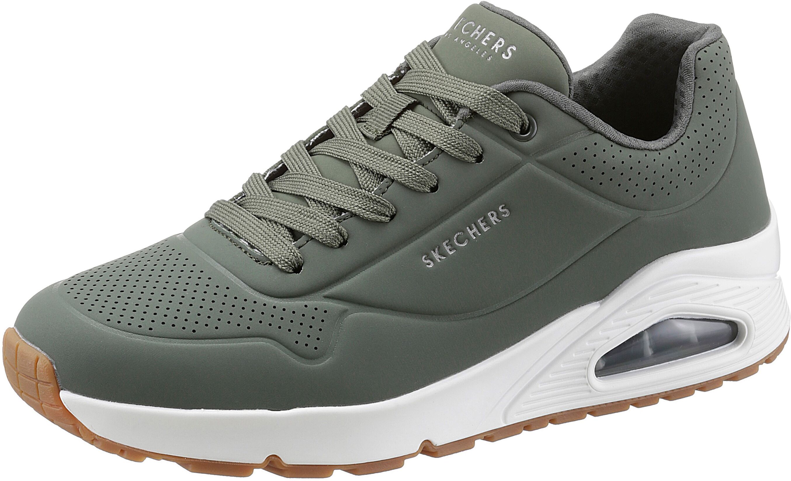 Sneaker SKECHERS "Uno - Stand on Air", Herren, Gr. 44, Textil, grün (olivgrün), Lederimitat, Schuhe Sneaker, Freizeitschuh, Halbschuh, Schnürschuh mit Air-Cooled Memory Foam olivgrün 44, Textil