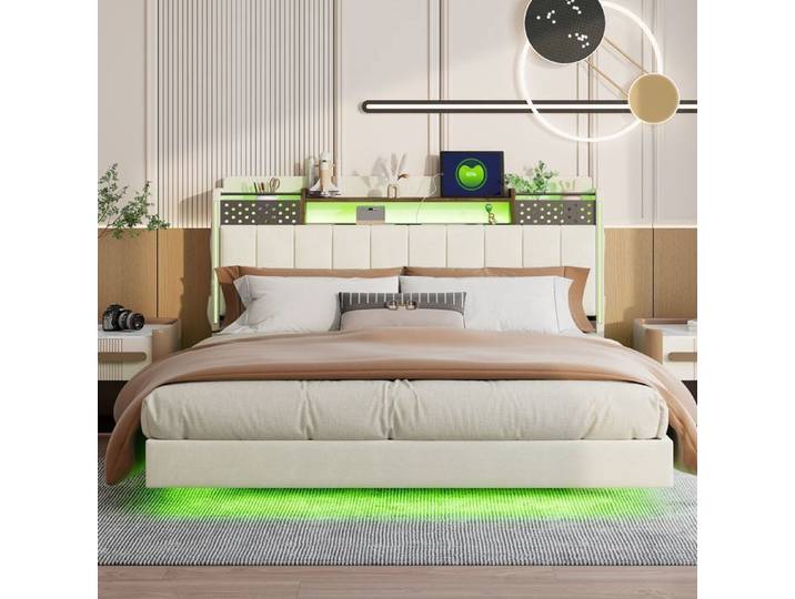 Lit adulte 160x200cm - Avec prise USB - Tête de lit escamotable - tissu lin - beige