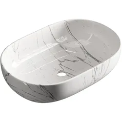 Planetmöbel Aufsatzwaschbecken 60 cm Marmor Weiß Keramik oval mit individueller Marmorierung