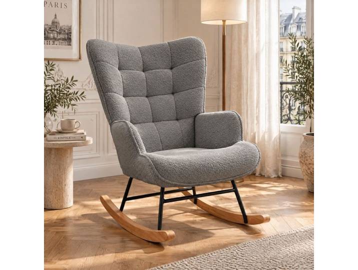 Fauteuil à Bascule Relax avec Dossier Haut Fauteuil Scandinave Chaise à Bascule Rembourré en Tissu Gris Foncé Velours Teddy
