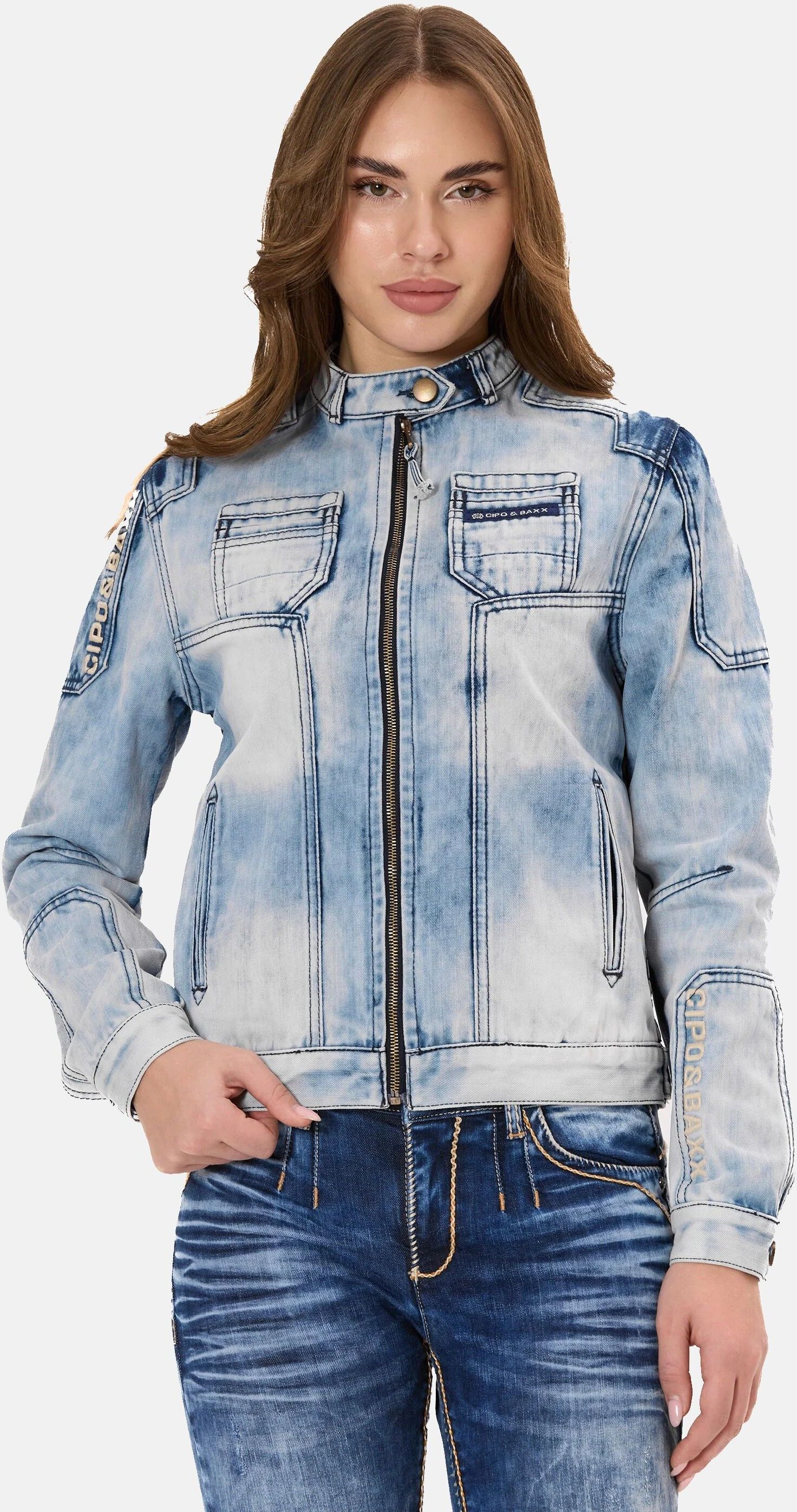 Jeansjacke CIPO & BAXX "Cipo & Baxx Jeansjacke WJ233", Damen, Gr. L, blau (iceblau), Casual, regular fit, Rundhals, Jacken Jeansjacke, figurbetont, stylisch, hochwertig & vielseitig kombinierbar