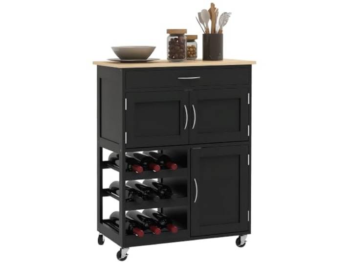 HOMCOM Küchenwagen mit 9 Flaschenhaltern 67x37x87cm Schwarzeiche 3 Türen, 4 Rollen & Schublade, platzsparender Küchenwagen, Gummibaumholzplatte, für Wohnzimmer